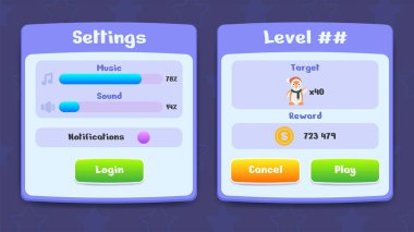 Ayarlar ve seviye menüsü düğmeler ve simgelerle açılır. 2B oyun oluşturmak için kullanıcı arayüzü arayüzü arayüzü arayüzü seti. Mobil, internet ya da video oyunlarında kullanılabilir. Vektör illüstrasyonu