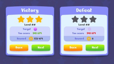 Zafer ve mağlubiyet, oyun için yıldızlı varlık ödülü. 2B oyun oluşturmak için kullanıcı arayüzü arayüzü arayüzü arayüzü seti. Mobil, internet ya da video oyunlarında kullanılabilir. Vektör illüstrasyonu.