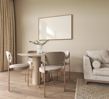 Modern tarafsız sandalyeler ve yemek masası olan şık oturma odasının iç tasarımı. Poster çerçevelerini düzenle. Vazoda yeşil bitki, dekorasyon ev dekorasyonu. Şablon. Yüksek kalite 3d görüntüleme.