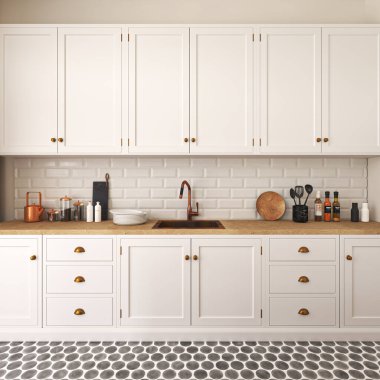 Fas fayans zemininde beyaz İskandinav mutfağı. Dekorasyonlu mutfak eşyaları. Lavabo ve dekorlu yemek pişirme alanı. 3D görüntüleme. Yüksek kalite 3d illüstrasyon.