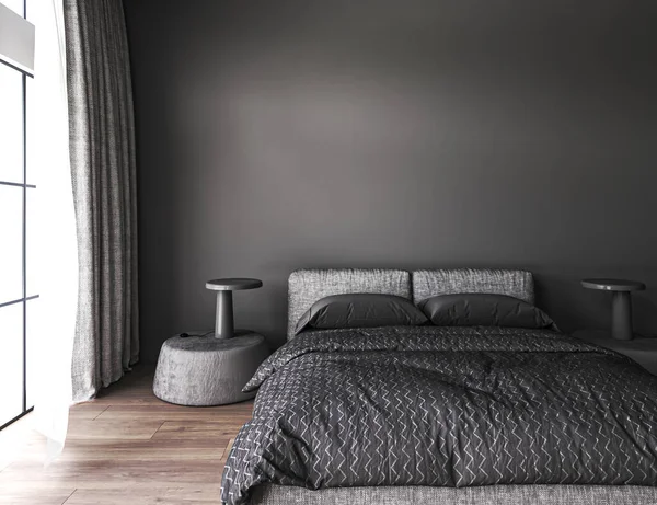 Black modern minimalism interior of stylish master bedroom with wooden floor, comfortable king size bed and large window. Front view. Mockup gray wall. 3d rendering. High quality 3d illustration.