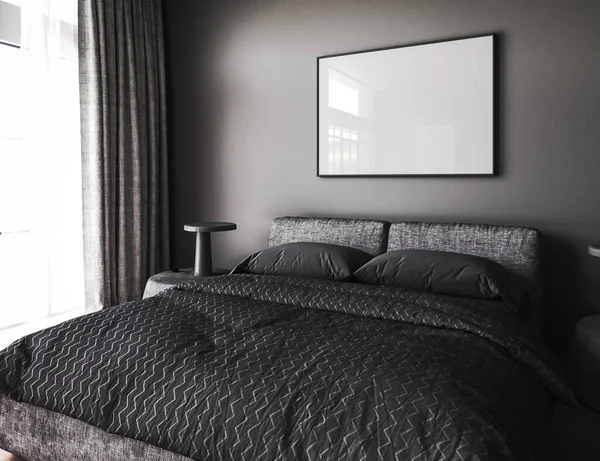 Frame mockup in dark loft decoration bedroom interior design. Bed with black beddings. Minimalist picture art on wall. 3d rendering. High quality 3d illustration.