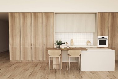 Ada ve bar taburesiyle bej renginde bir mutfak. Ön manzara. Mutfak malzemeleriyle otel yemek odası. Açık ahşap zemin. 3D görüntüleme. Yüksek kalite 3d illüstrasyon.