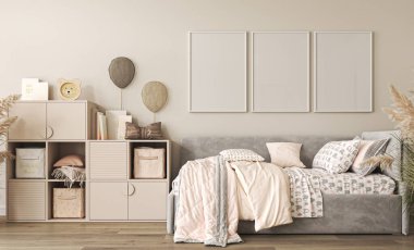 Empty white wall in modern children room with bed and toys. Mock up interior in scandinavian style. Cozy room for kids. 3d rendering. High quality 3d illustration.