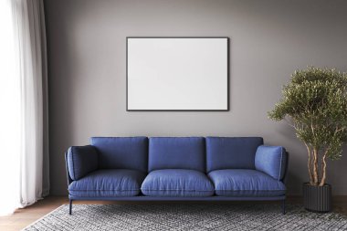 Modern livingroom mockup with dark blue sofa and green plant tree. Modern rug, picture frame and empty gray wall. Luxury living room interior background. 3d rendering. High quality 3d illustration.