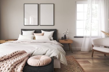 Home interior frame mockup with black bed, bench and lamp in bedroom. White bedding and wooden bedside table. 3d render. High quality 3d illustration.