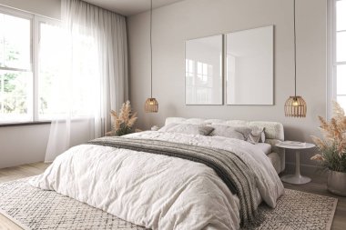 Vertical two frame mockup in boho bedroom interior with wooden floor and white bed. Beige blanket, cushion and dried grass. Basket and wicker lamp on wall. 3d rendering. High quality 3d illustration.
