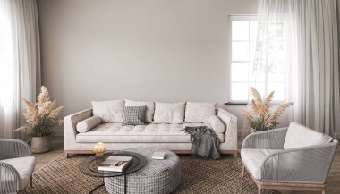 Blank mock up in scandinavian style living room interior. Modern living room interior background. Beige sofa and pampas grass. 3d rendering. High quality 3d illustration.