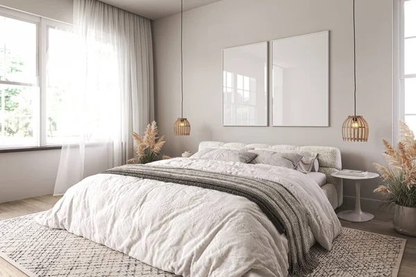 Vertical two frame mockup in boho bedroom interior with wooden floor and white bed. Beige blanket, cushion and dried grass. Basket and wicker lamp on wall. 3d rendering. High quality 3d illustration.