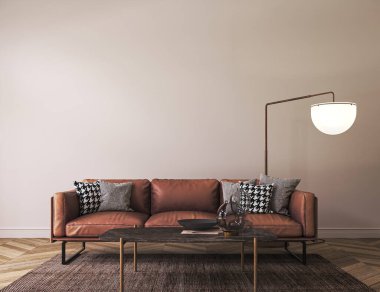 Light living room interior in loft with leather sofa, large lamp and decor. White wall mockup background. 3d render. High quality 3d illustration.