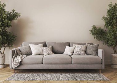 House interior mock up with gray sofa. Table and decor in living room. Beige empty wall background. 3d render. High quality 3d illustration.
