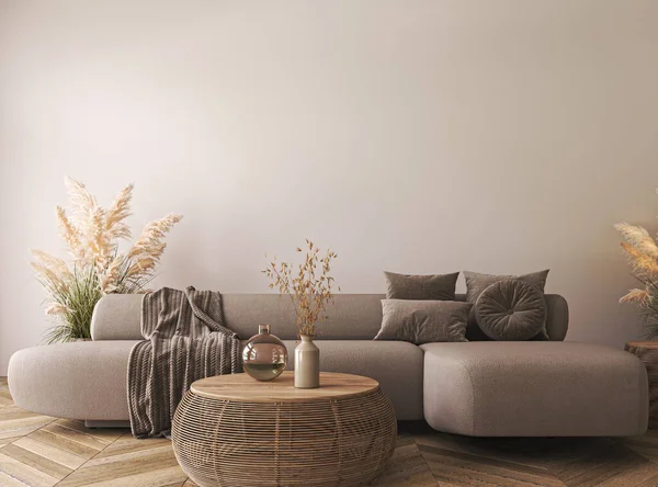 Living room interior wall mockup in warm tones with beige sofa and dried pampas grass. Boho style decoration on empty wall background. 3d render. High quality 3d illustration.