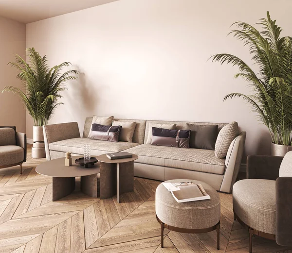 Modern classic home interior design. Light beige living room interior. Empty wall mock up. 3d render. High quality 3d illustration.
