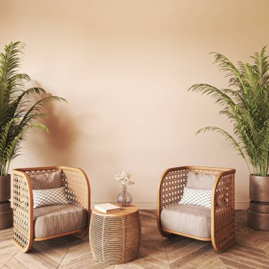 Light japandi interior design living room. Empty wall mockup in minimal design room with boho armchair. Wooden rattan furniture and palm trees. 3d rendering. High quality 3d illustration.