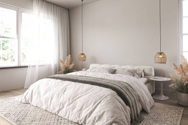 Hamptons white bedroom interior design. Light wall mockup. Window with curtain and dry plants on background. 3d render. High quality 3d illustration.