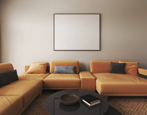 Beige interior design with light orange sofa, black table and decor in modern minimal living room. Frame wall mock up. 3d render. High quality 3d illustration.