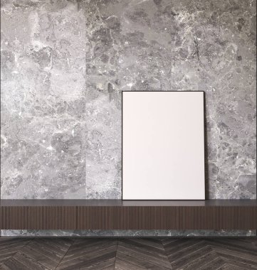 Modern interior of living room with cabinet for tv on stone wall background. Frame wall mockup. 3d rendering. High quality 3d illustration.