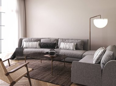 Modern classic white interior with sofa, lamps and decor. 3d render illustration mockup. High quality 3d illustration.
