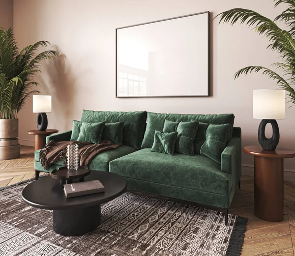 House interior with dark green sofa, table and decor in boho scandi living room. Frame mock up. 3d render. High quality 3d illustration.