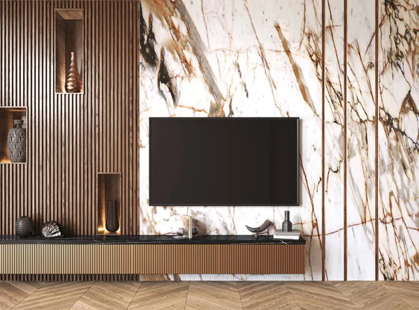 Classic luxury TV wall mock up. Modern interior of living room with cabinet for tv on white marble wall background. 3d rendering. High quality 3d illustration.