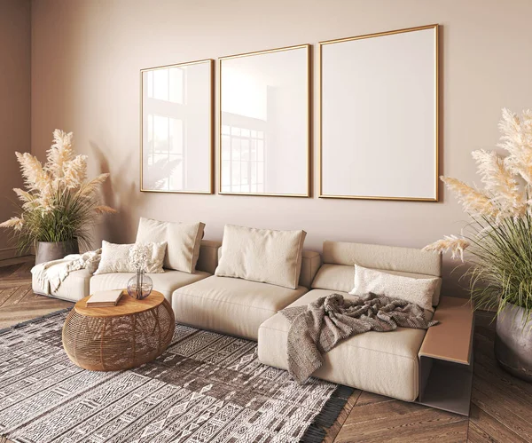 Scandi interior design with beige sofa,wooden boho table and carpet in modern coastal living room. Frame wall mock up. 3d render. High quality 3d illustration.