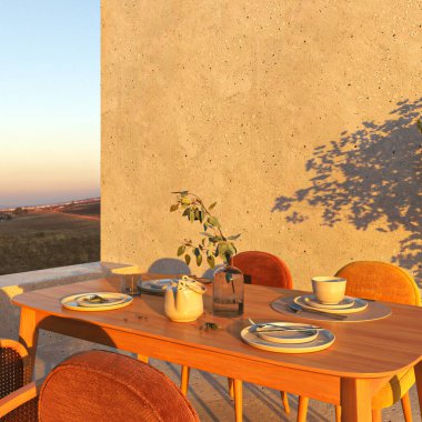 Outdoor scandinavian balcony with modern dining table and chairs. Beautiful nature sunset mountains view and blue sky on background. 3d render. High quality 3d illustration.