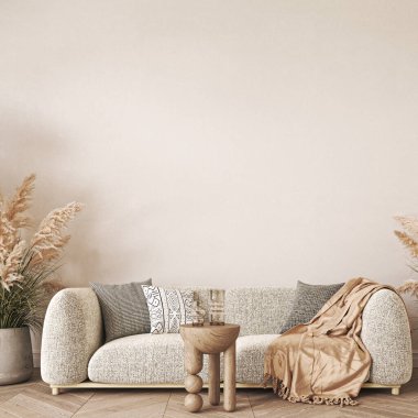 Modern scandinavian style conceptual design interior room. Mock up frame beige plaster wall. Minimal sofa with wooden table and decor. 3d rendering. High quality 3d illustration.