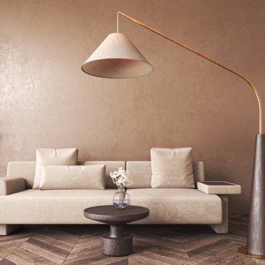 Modern scandinavian style conceptual design interior room. Mock up frame beige plaster wall. Minimal sofa with wooden table and decor. 3d rendering. High quality 3d illustration.