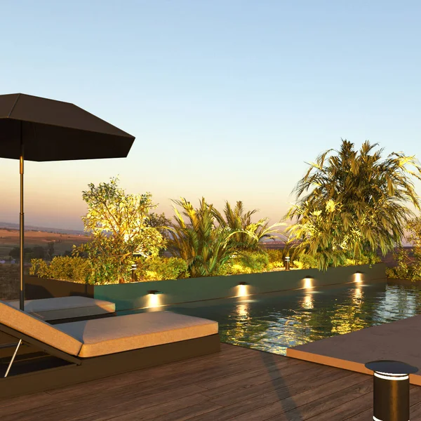 Luxury Modern Villa Exterior Design Beautiful Swimming Pool Green Palm — Photo