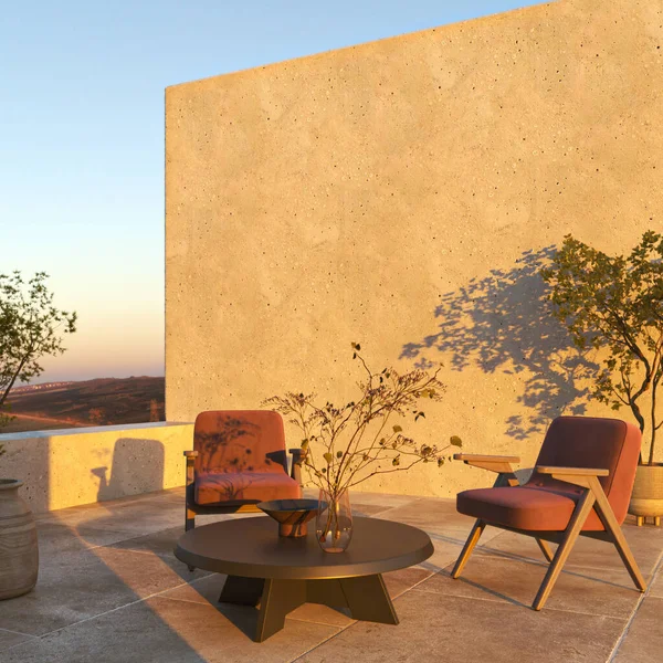 Loft Style Outdoor Living Area Balcony Stone Floor Concrete Wall — Photo