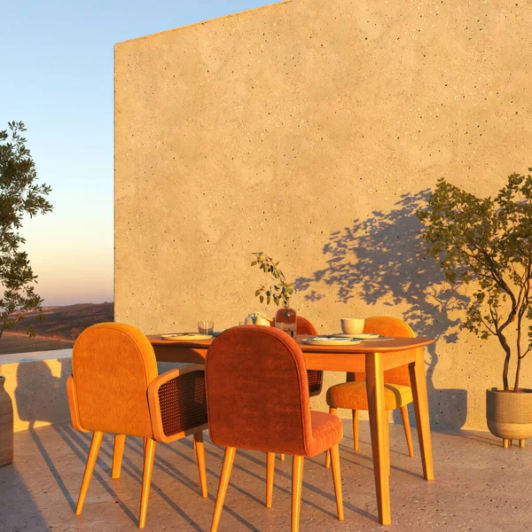 Outdoor Scandinavian Balcony Modern Dining Table Chairs Beautiful Nature Sunset — Photo