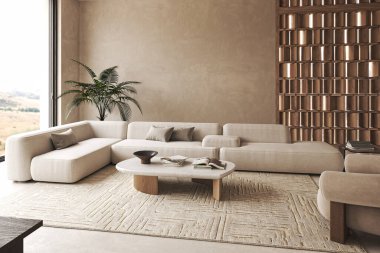 Modüler kanepe, büyük halı ve dekoru olan modern iç mekan. Manzara manzaralı büyük bir pencere. Dekorasyon ahşap paneller. 3D görüntüleme. Yüksek kalite 3d illüstrasyon.