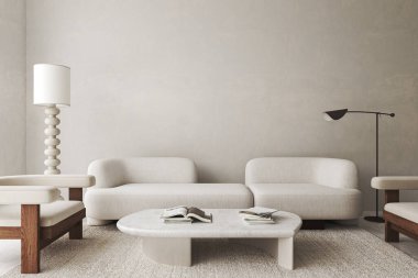 Beyaz oturma odasının içinde kanepe ve sandalyeler, kitaplar ve dekorasyonlu kahve masası. Modern büyük lamba. Kopya uzay duvarı. 3D görüntüleme. Yüksek kalite 3d illüstrasyon.
