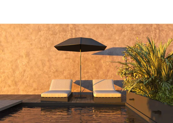 ヤシの庭 木製の床と粘土の壁とスイミングプールテラス 傘で装飾された家具 3Dレンダリング 高品質の3Dイラスト — ストック写真