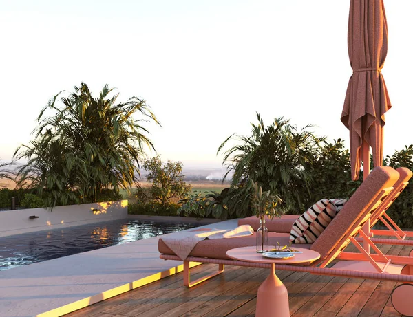 Piscine Moderne Luxueuse Avec Chaises Longues Table Parasol Concept Été — Photo