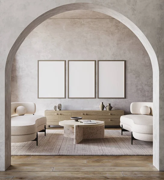 Interior Moderna Sala Estar Com Cômoda Madeira Sofá Branco Mesa — Fotografia de Stock