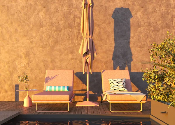 Nowoczesny Luksusowy Basen Krzesłami Plażowymi Stołem Parasolem Koncepcja Letnia Kreatywna — Zdjęcie stockowe