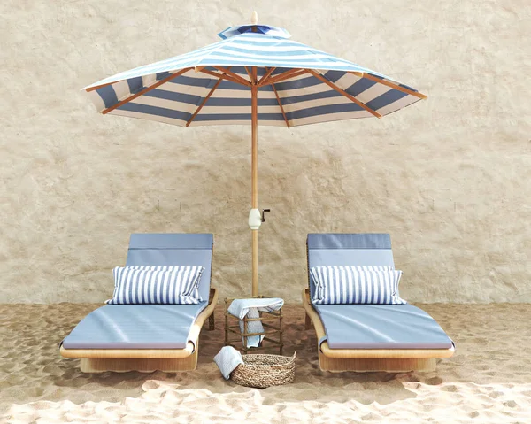 Beach chairs on the sand with white and blue umbrella on beige stone wall and decor. 3d rendering. High quality 3d illustration.