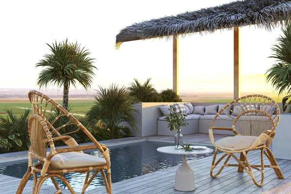 Design Piscine Villa Resort Avec Vue Sur Paysage Fauteuils Décoratifs — Photo