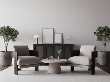Oturma odası iç tasarımının arka ve minimalist kompozitonu koltuk, lamba. Beyaz şablon afiş duvarı oluşturun. Modern ev dekorasyonu. 3D görüntüleme. Yüksek kalite 3d illüstrasyon.