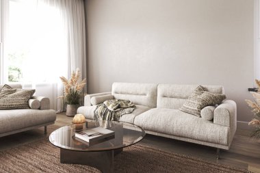 Modern kıyı minimalist iç mimarisi. Kanepesi, koltuğu, koyu kahve masası ve geniş pencereli bir oturma odası tasarla. Boş duvar ve ahşap mobilyalar. 3D görüntüleme. Yüksek kalite 3d illüstrasyon.