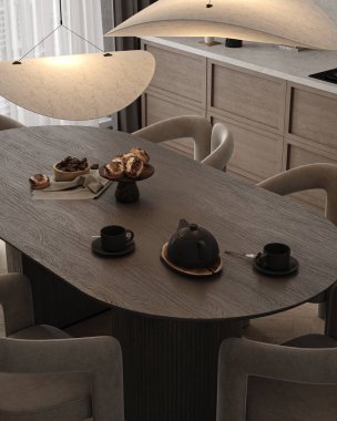 Japandi modern İskandinav tarzı yemek odası iç tasarımı. Tabakları ve sıcak lambası olan büyük ahşap bir masa. Üst Manzara. 3D görüntüleme. Yüksek kalite 3d illüstrasyon.