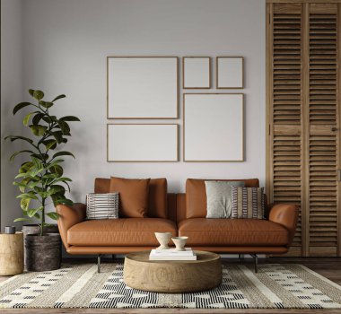 Avustralya minimalizm konsepti oturma odası iç tasarımı kahverengi zemin ve kırmızı kanepe. Model resim seti. Ahşap sehpa ve mobilya. 3D görüntüleme. Yüksek kalite 3d illüstrasyon.