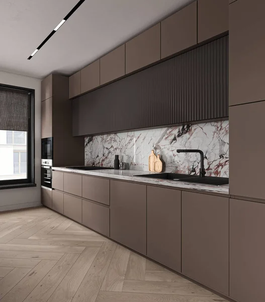 日本现代简约风格的公寓厨房室内设计 有照明的天花板 装饰褐色橱柜和大理石台面 3D渲染 高质量3D插图 — 图库照片