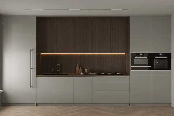 日本现代简约风格的公寓厨房室内设计 前面的景色装饰木柜和台面 3D渲染 高质量3D插图 — 图库照片