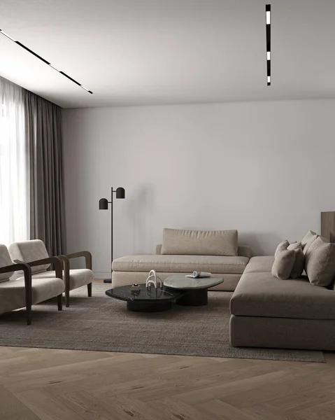 简朴经典的简约主义室内客厅 配有石桌 天花板照明和扶手椅 把空墙装模作样3D渲染 高质量3D插图 — 图库照片