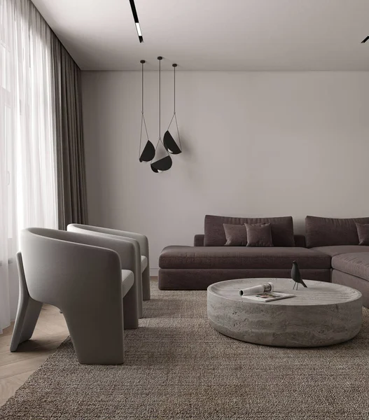 简朴经典的简约主义室内客厅 配有石桌 天花板照明和扶手椅 把空墙装模作样3D渲染 高质量3D插图 — 图库照片