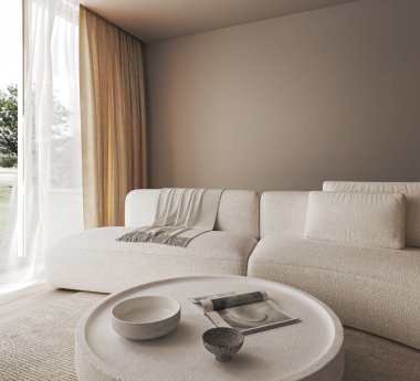 Yaratıcı modern minimalist oturma odası sıcak perde, yuvarlak masa, kitap ve büyük beyaz kanepe. 3D görüntüleme modeli. Yüksek kalite 3d illüstrasyon.