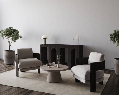 Oturma odası iç tasarımının arka ve minimalist kompozitonu koltuk, lamba. Beyaz şablon afiş duvarı oluşturun. Modern ev dekorasyonu. 3D görüntüleme. Yüksek kalite 3d illüstrasyon.