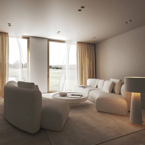 富有创意的现代室内客厅 有温暖的照明 石制的圆餐桌和白色大灯 美丽的自然景观和天花板灯 3D渲染模拟了 高质量3D插图 — 图库照片